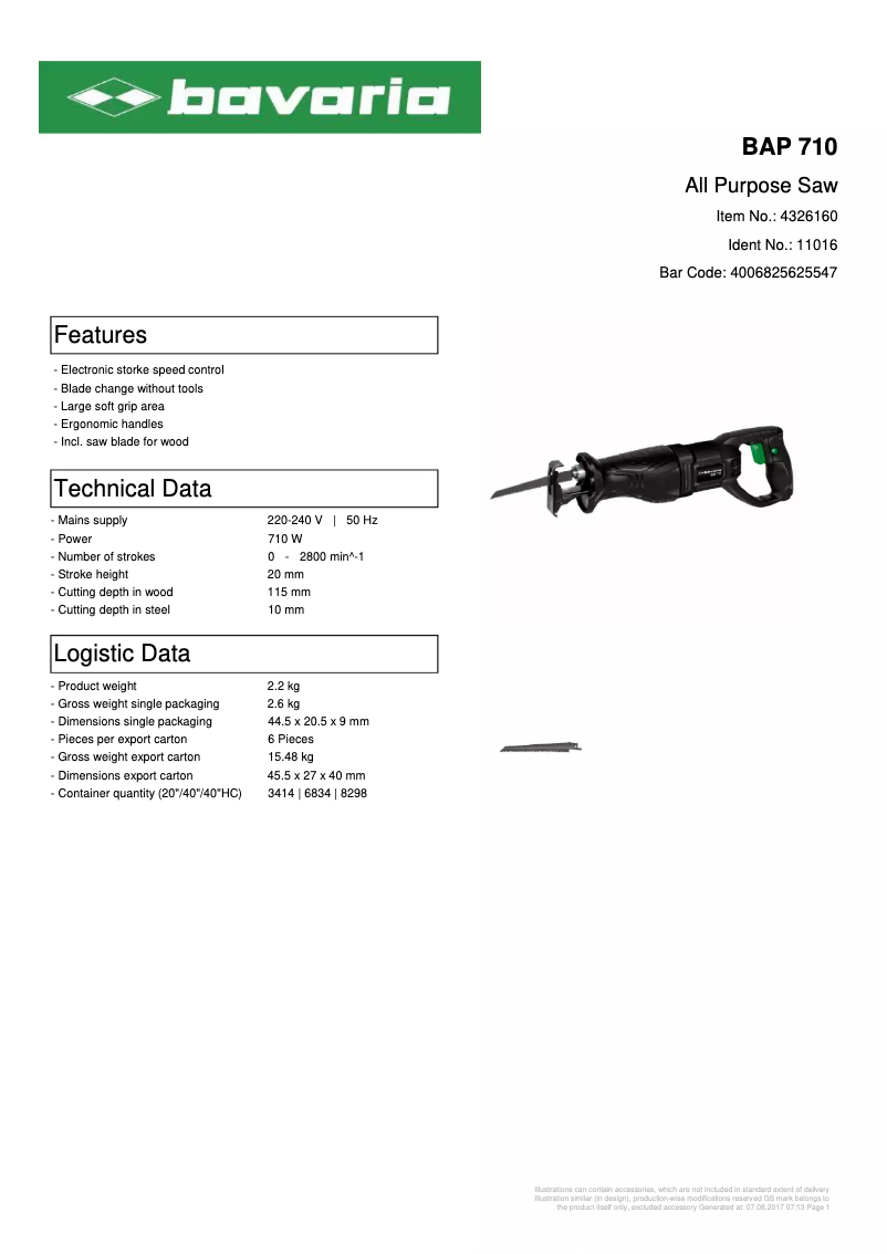 Página 1 del manual Ficha técnica Bavaria BAP 710