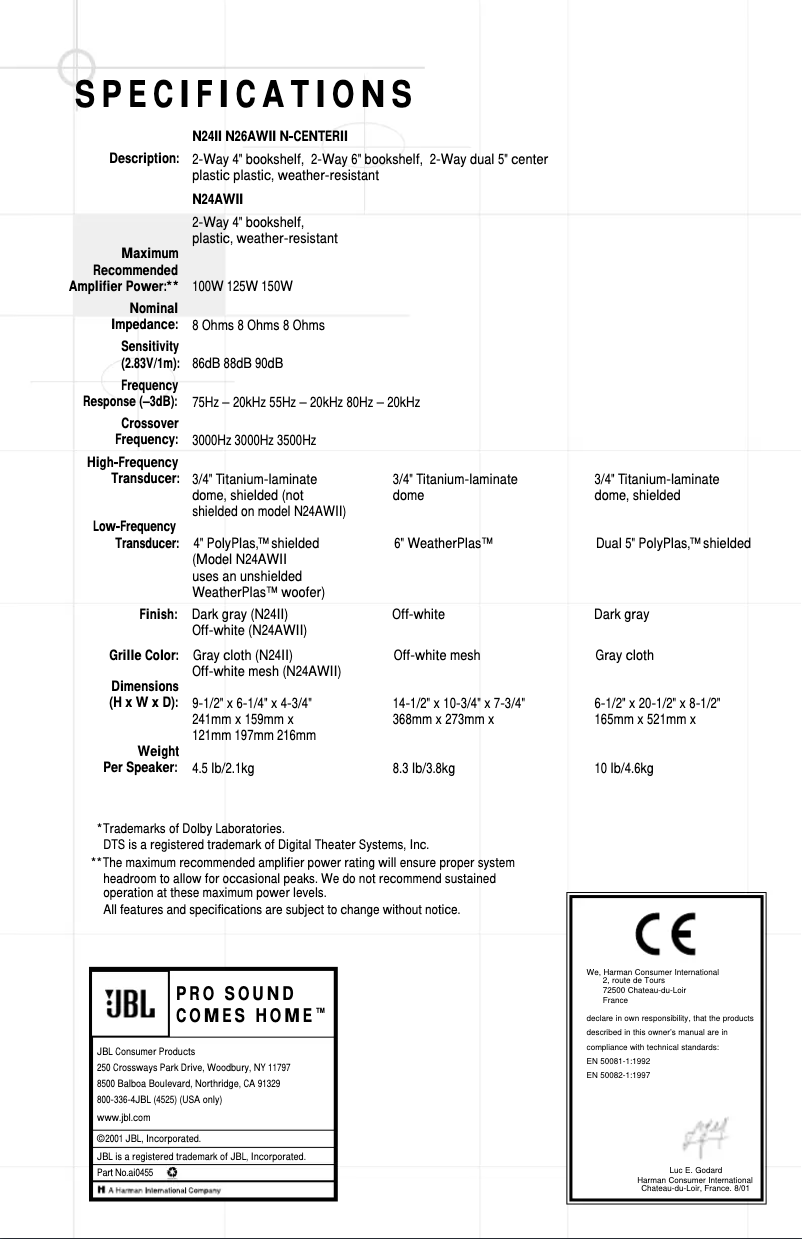 Page 1 de la notice Manuel utilisateur JBL Northridge N26AWII