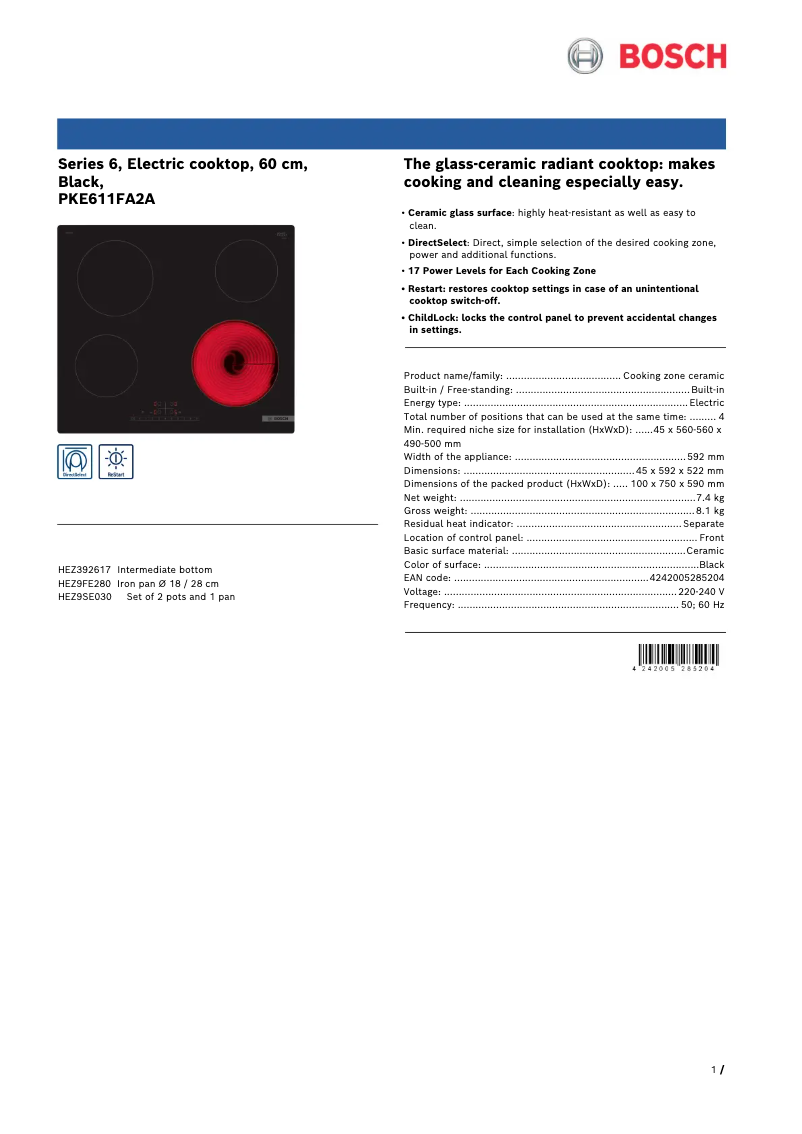 Página 1 del manual Ficha técnica Bosch PKE611FA2A