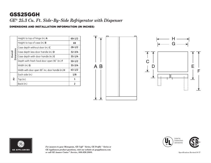 Página 1 del manual Ficha técnica GE GSS25GGHBB