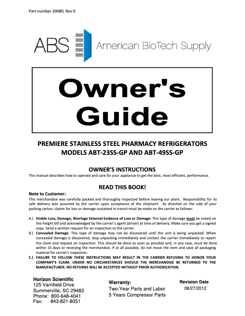 Page 1 de la notice Manuel d'utilisation et d'entretien American BioTech Supply PH-ABT-SSP-23