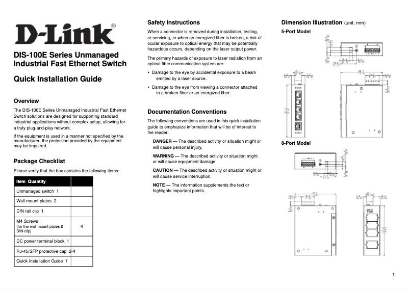 Page 1 de la notice Guide d'installation D-Link DIS-100G-5W