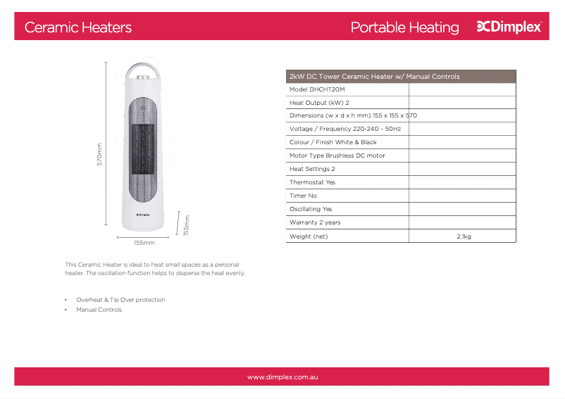 Page 1 de la notice Fiche technique Dimplex DHCHT20M