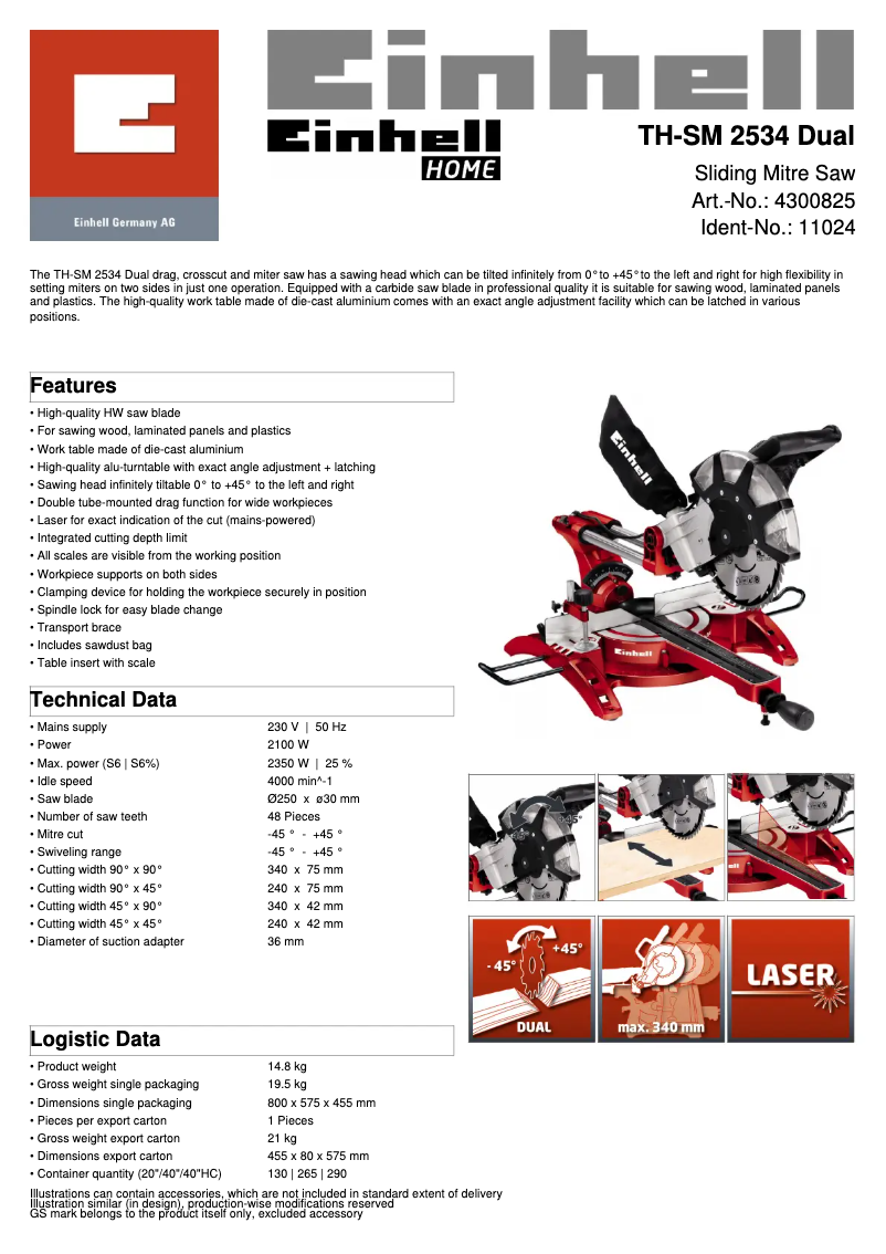 Página 1 del manual Ficha técnica Einhell TH-SM 2534 Dual