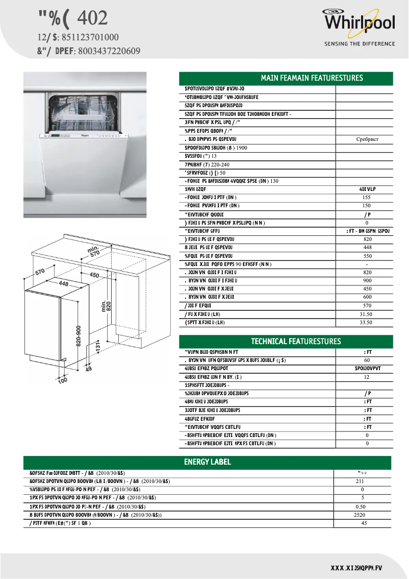 Page 1 de la notice Fiche technique Whirlpool ADG 402