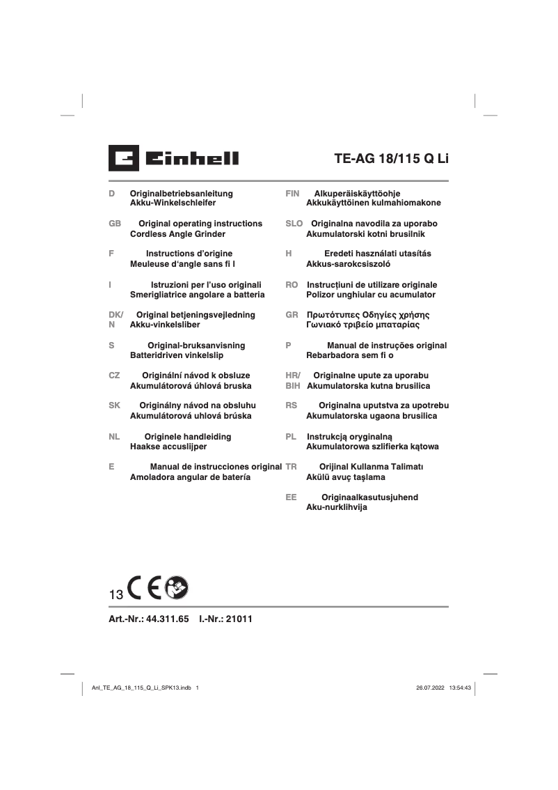 Page 1 de la notice Manuel utilisateur Einhell TE-AG 18/115 Q Li