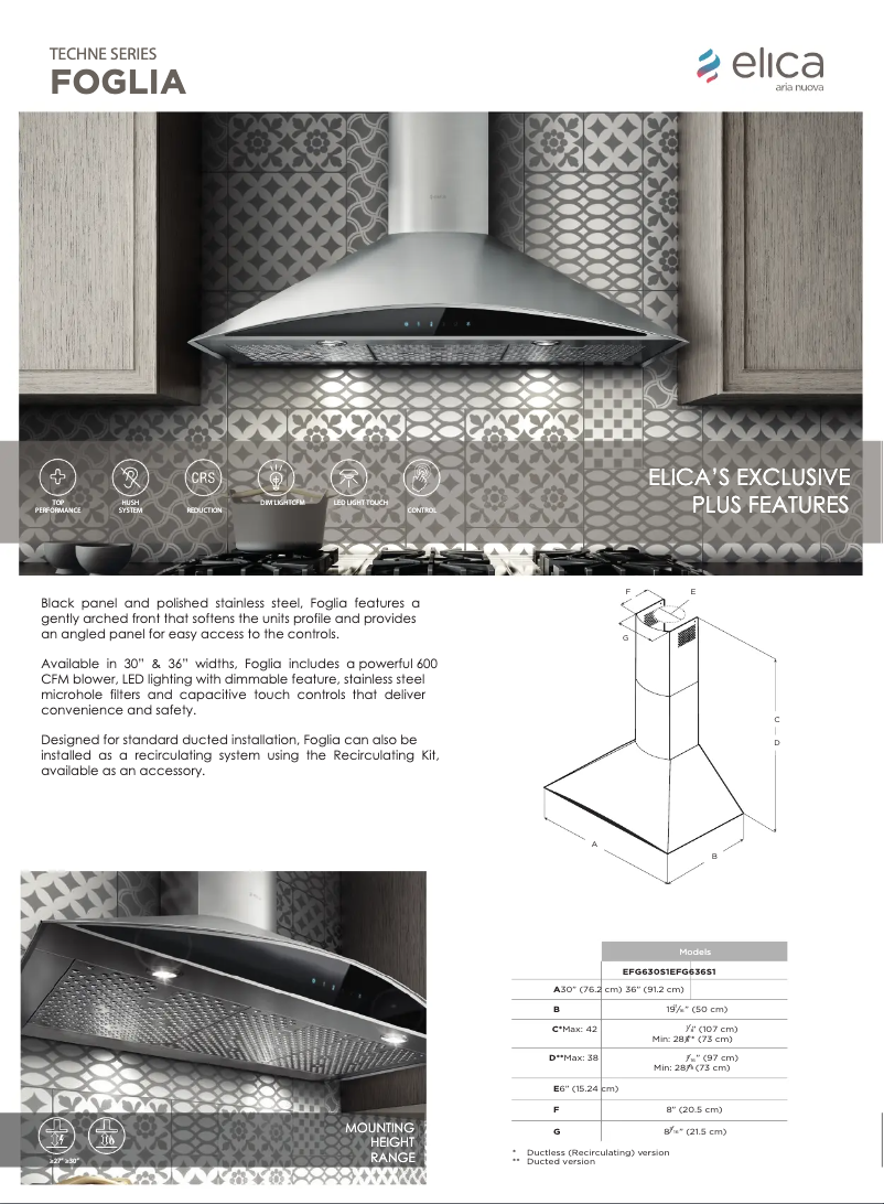 Page 1 de la notice Fiche technique Elica Foglia EFG636SM