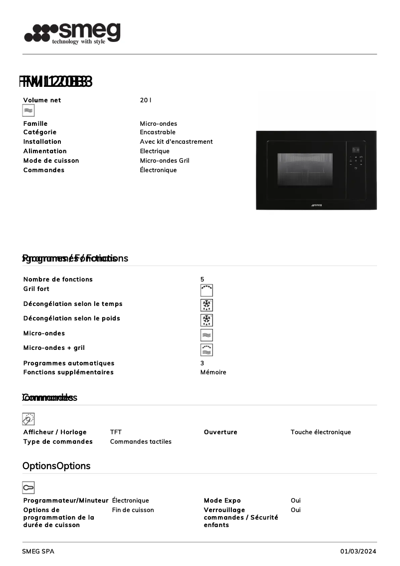 Page 1 de la notice Fiche technique Smeg FMI120B3