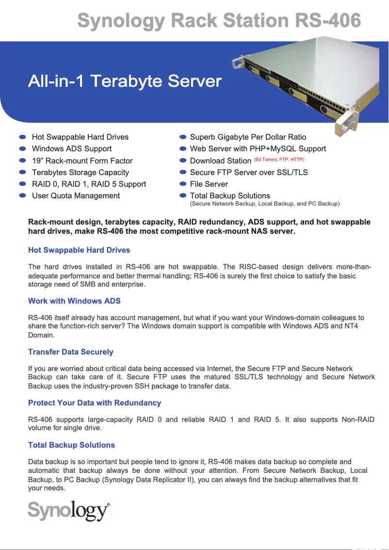 Page n°1 - Fiche technique Synology RS-406