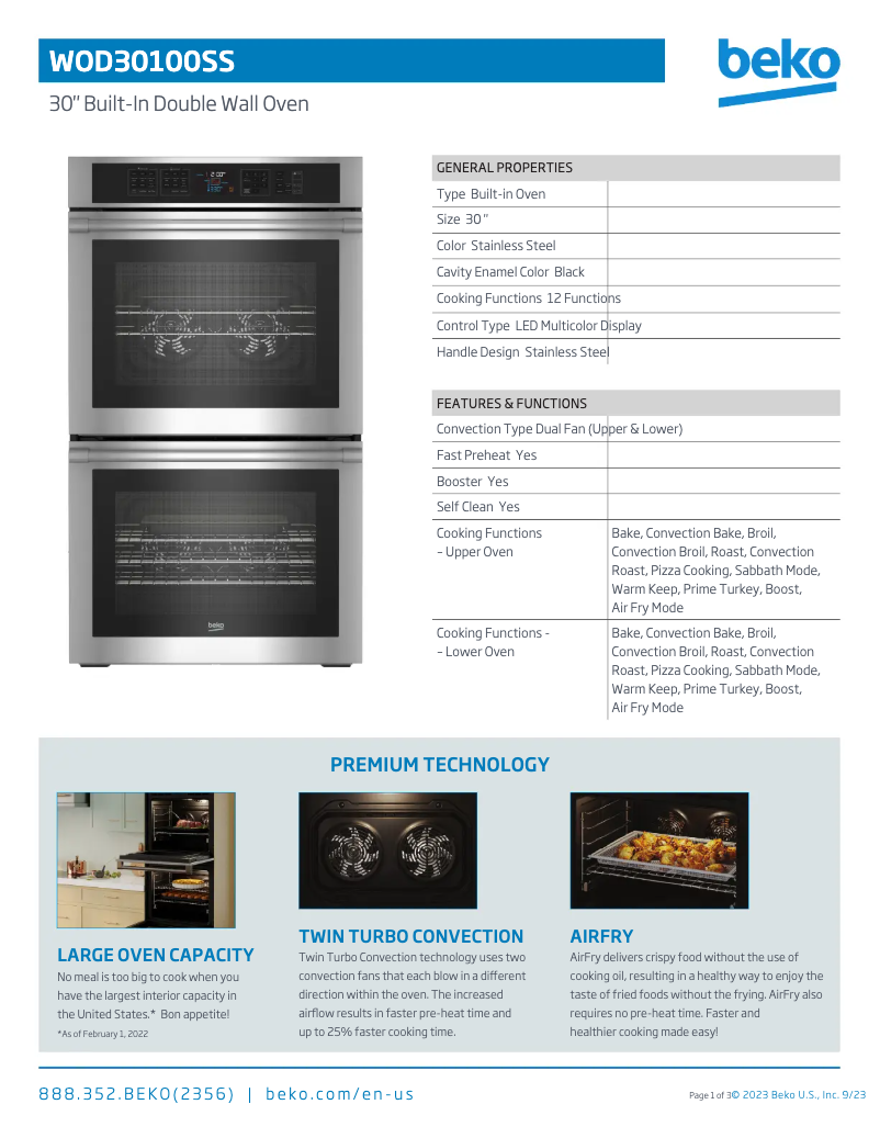 Page n°1 - Fiche technique Beko WOD30100SS