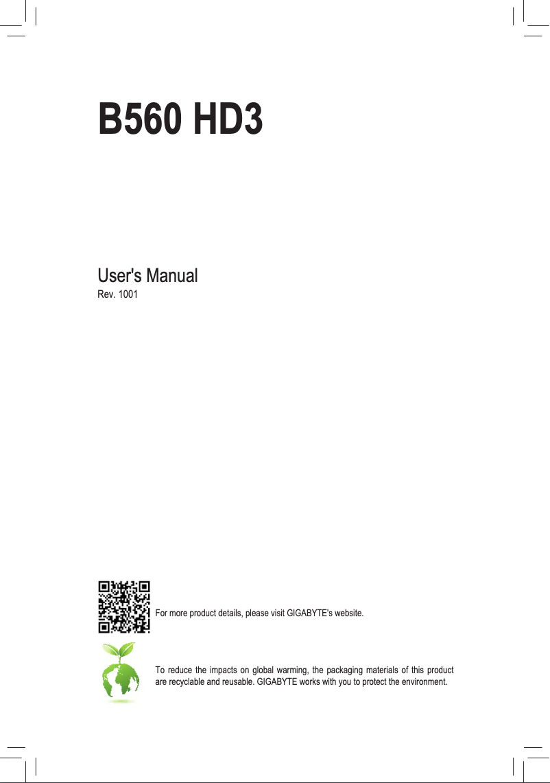 Page 1 de la notice Manuel utilisateur Gigabyte B560 HD3