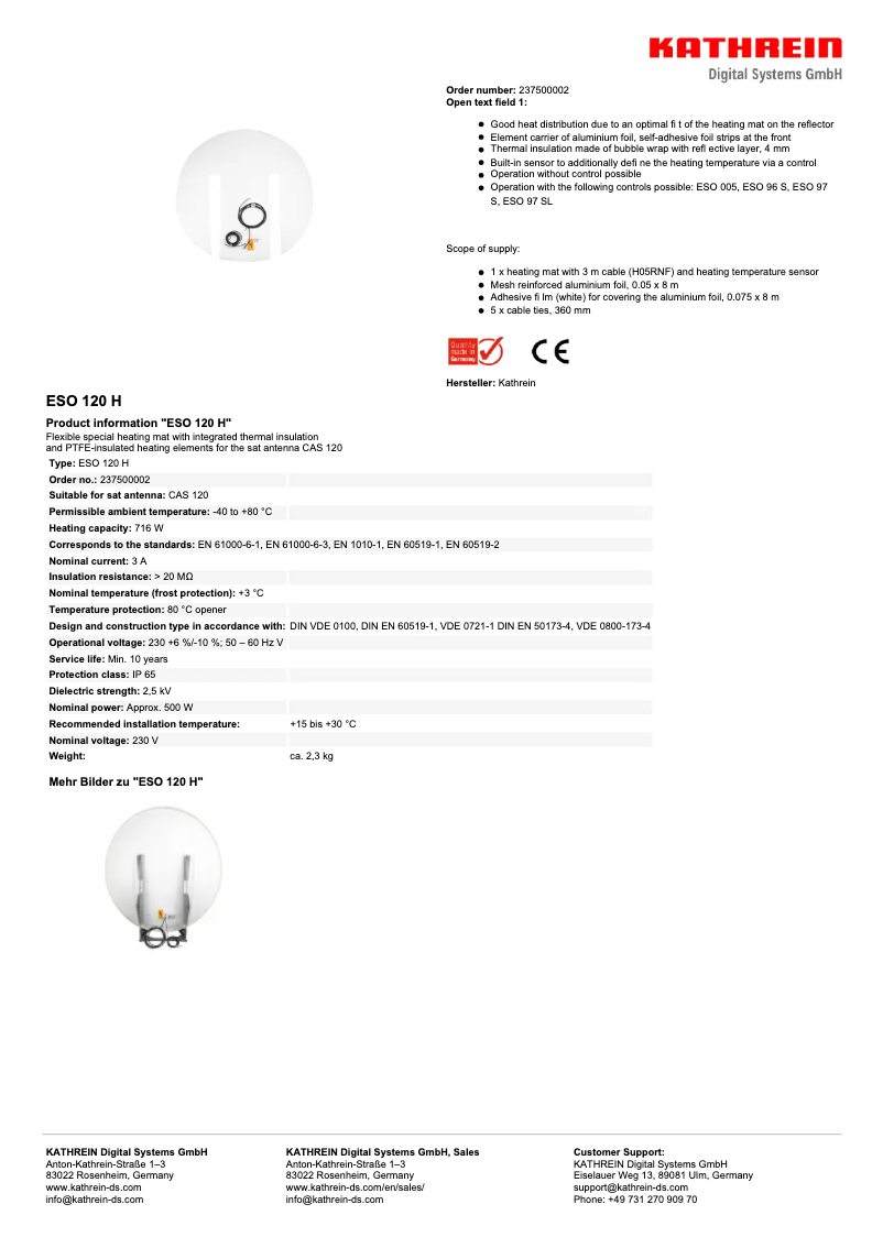 Page 1 de la notice Fiche technique Kathrein ESO 120 H