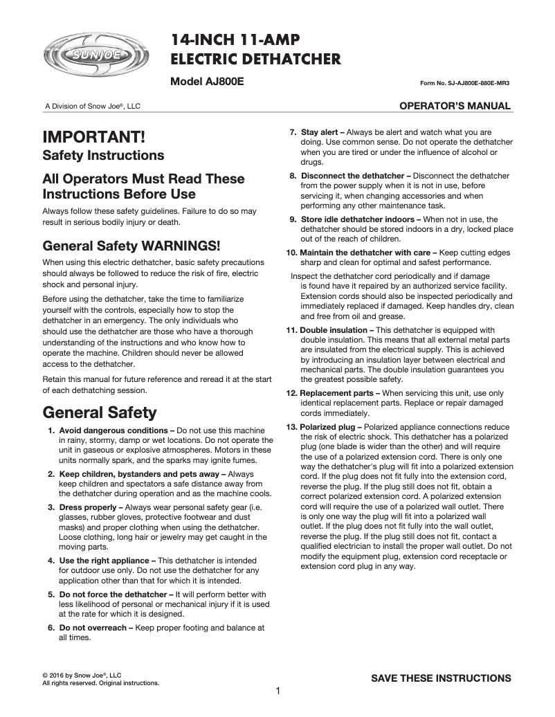 Page 1 de la notice Manuel utilisateur Sun Joe AJ800E