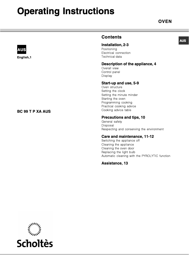 Page 1 de la notice Manuel utilisateur Scholtès BC 99DT P XA