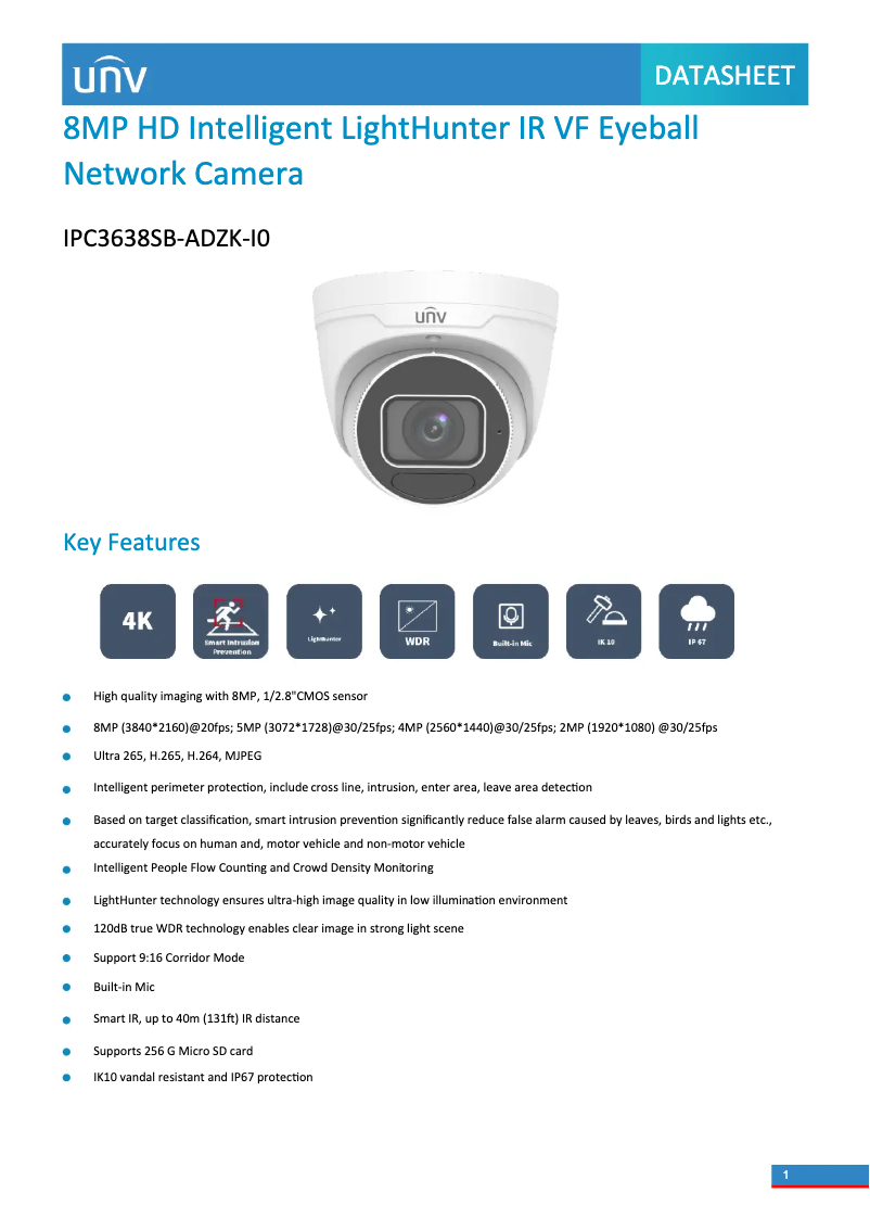 Page 1 de la notice Fiche technique UniView IPC3638SB-ADZK-I0