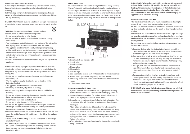 Page 1 de la notice Manuel utilisateur VS Sassoon Classic Salon Setter VS3060A