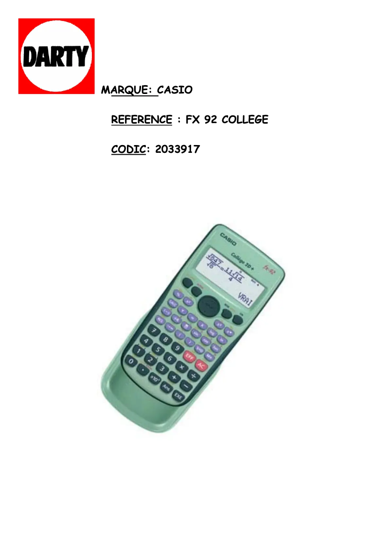Page 1 de la notice Manuel utilisateur Casio FX-92