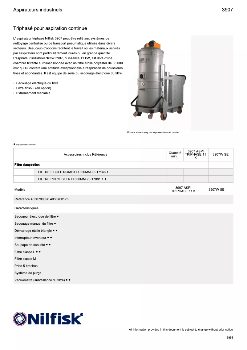 Page 1 de la notice Fiche technique Nilfisk 3907W