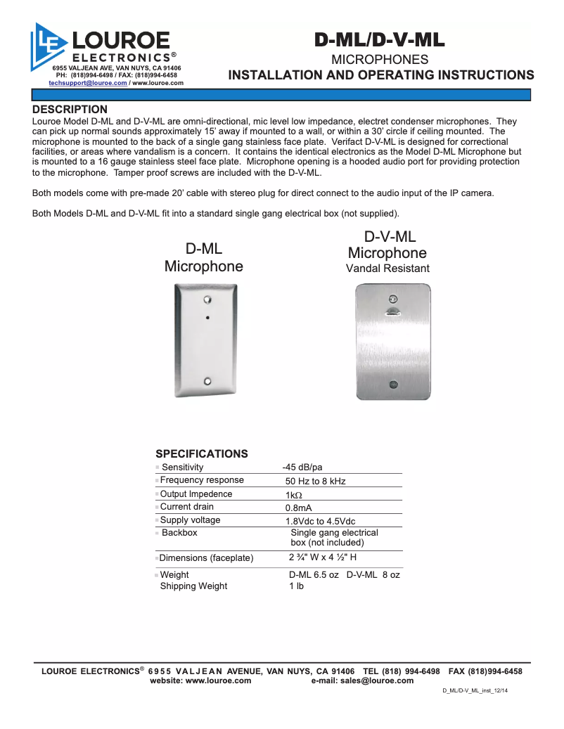 Page 1 de la notice Manuel utilisateur Louroe Electronics D-ML