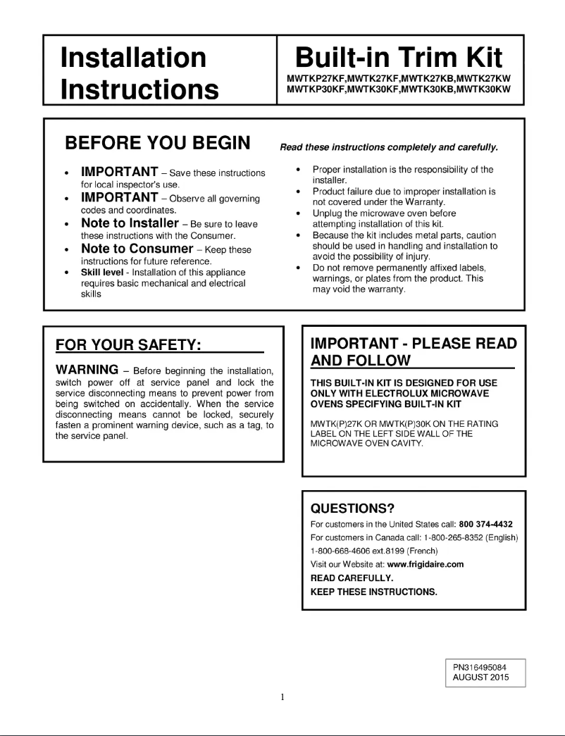 Page 1 de la notice Mode d'emploi Frigidaire MWTK30KF