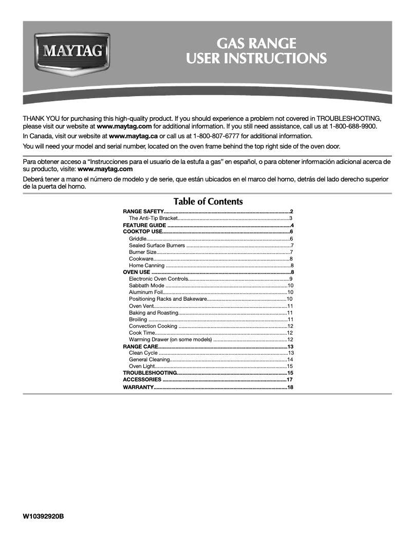 Page 1 de la notice Manuel d'utilisation et d'entretien Maytag MGR8850DS