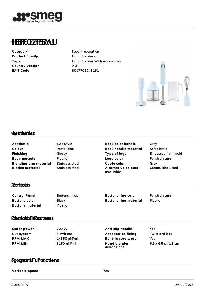 Página 1 del manual Ficha técnica Smeg HBF02