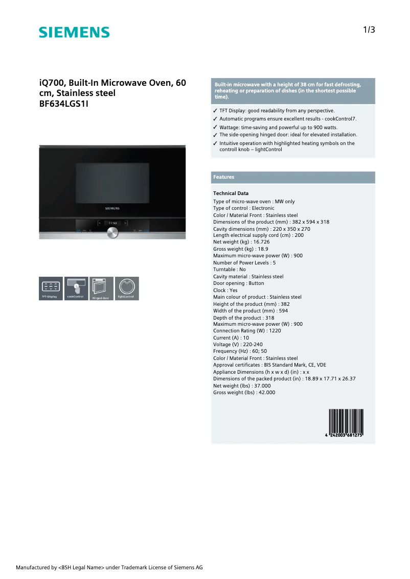 Page 1 de la notice Fiche technique Siemens BF634LGS1I