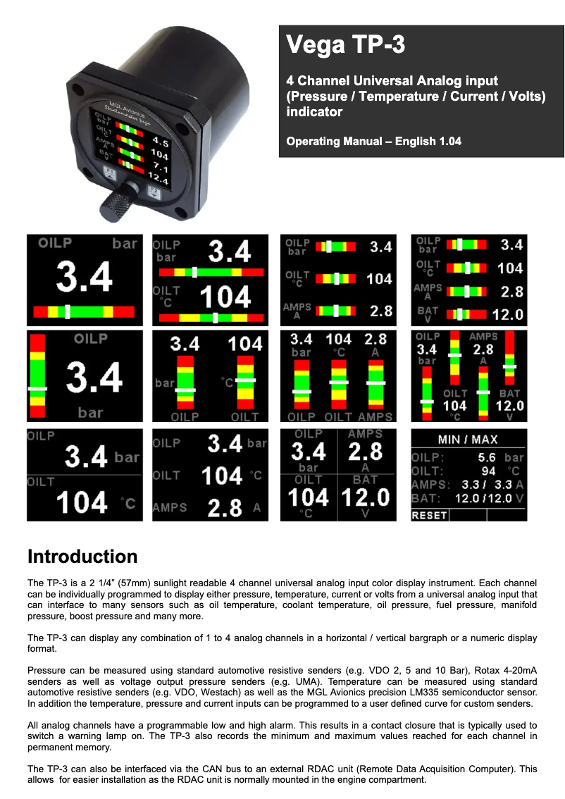 Page 1 de la notice Manuel utilisateur MGL Avionics Vega TP-3