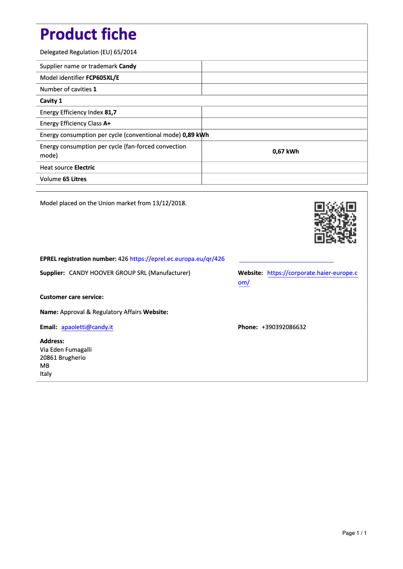 Page 1 de la notice Manuel utilisateur Candy FCP605XL/E