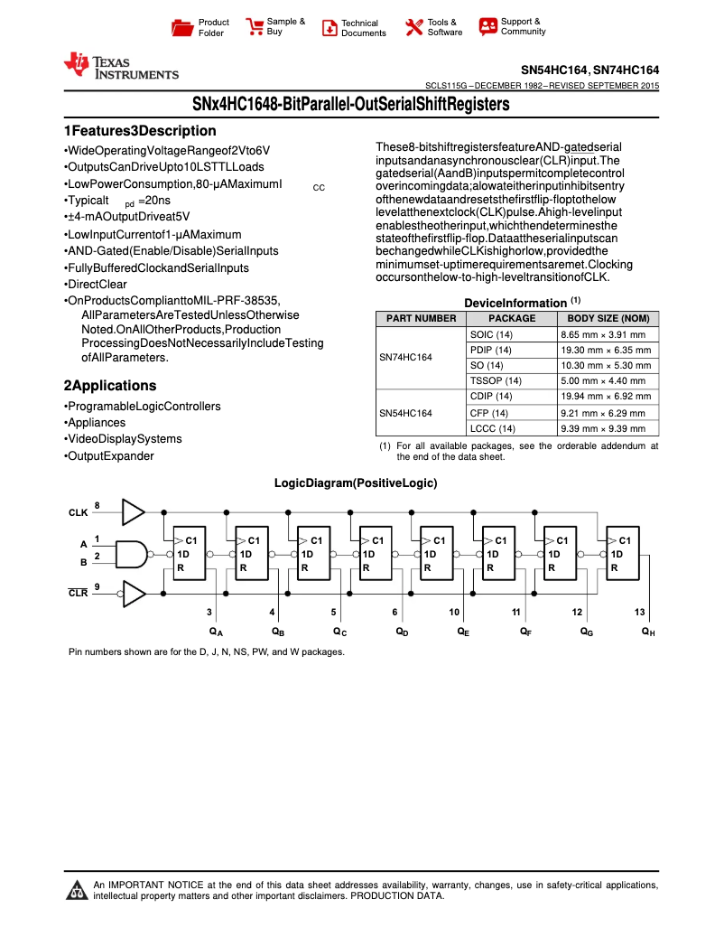 Page 1 de la notice Manuel utilisateur Texas Instruments SN74HC164D