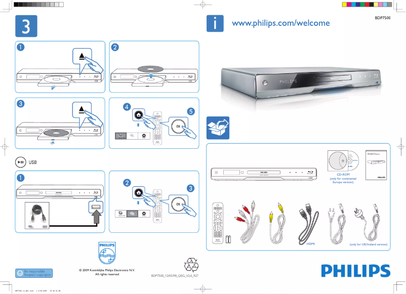 Page 1 de la notice Guide de démarrage rapide Philips BDP7500SL