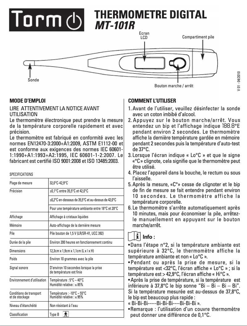 Page n°1 - Manuel utilisateur Torm MT-101R