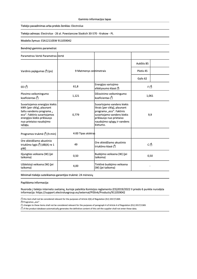 Page 1 de la notice Fiche technique Electrolux ESA12110SW
