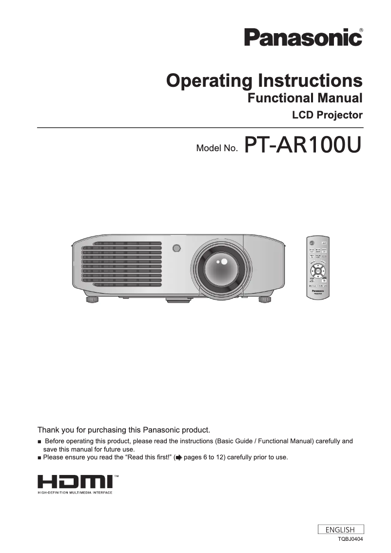 Page n°1 - Manuel utilisateur Panasonic PT-AR100U