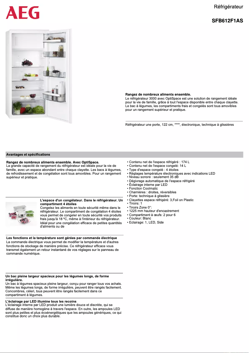 Page 1 de la notice Fiche technique AEG SFB612F1AS