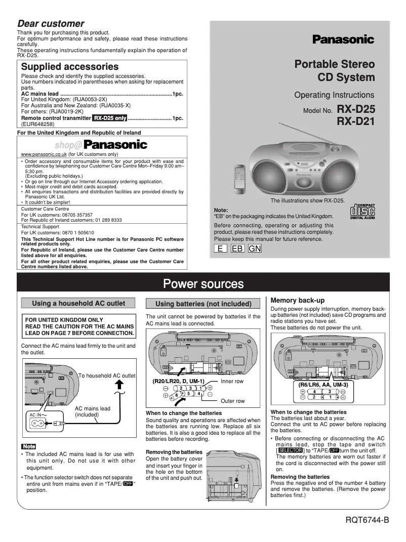 Page 1 de la notice Manuel utilisateur Panasonic RX-D25EB