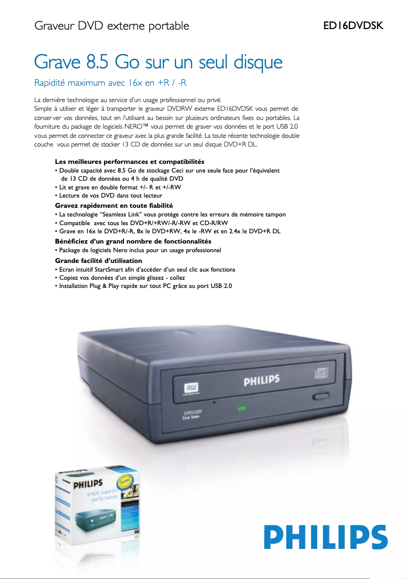 Page 1 de la notice Fiche technique Philips ED16DVDS
