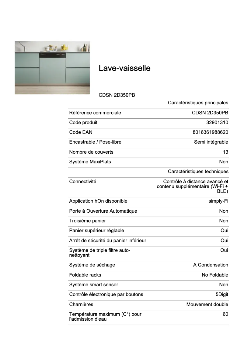 Page n°1 - Fiche technique Candy CDSN 2D350PB