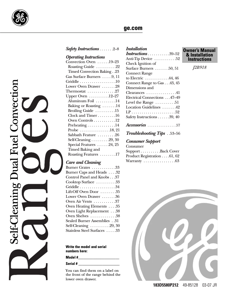 Image de la première page du manuel de l'appareil Profile J2B918CEKCC