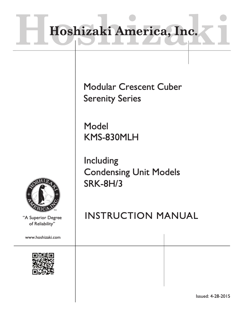 Page 1 de la notice Manuel utilisateur Hoshizaki KMS-830MLH