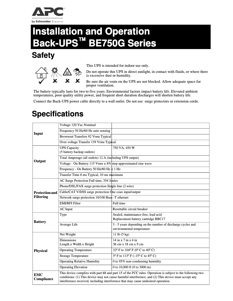 Page 1 de la notice Manuel utilisateur APC BE750G