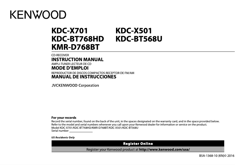 Page n°1 - Manuel utilisateur Kenwood KDC-BT568U