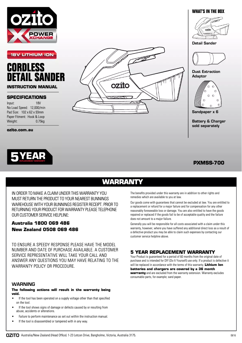 Page n°1 - Manuel utilisateur Ozito PXC Detail PXMSS-700