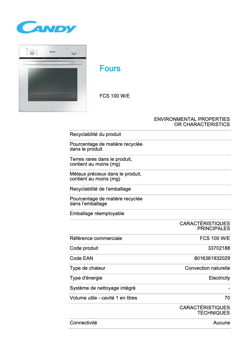 Page 1 de la notice Fiche technique Candy FCS 100 W/E