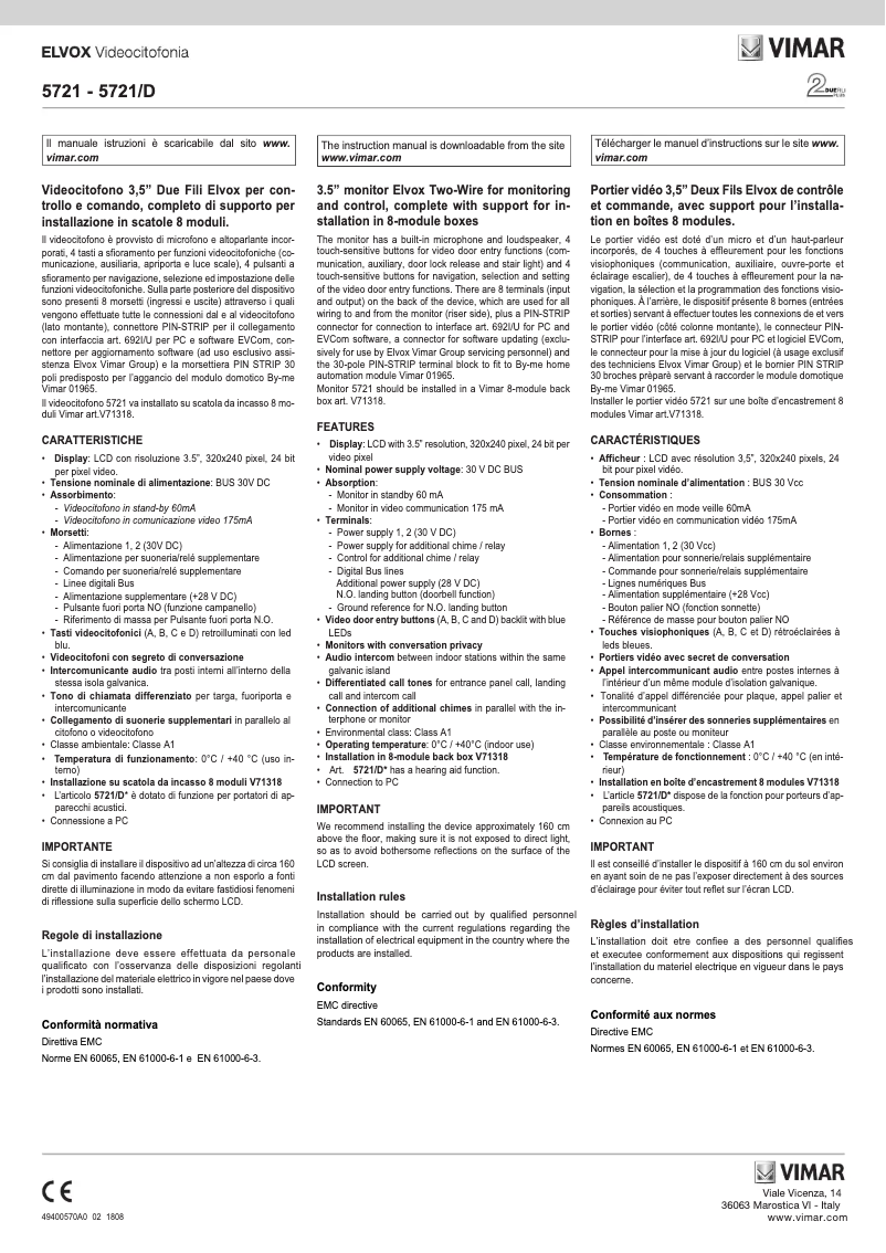 Page 1 de la notice Instructions / montage Vimar ELVOX 5721/D