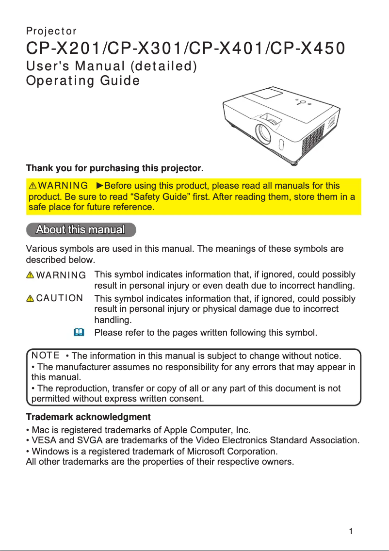 Page 1 de la notice Manuel utilisateur Hitachi CP-X201