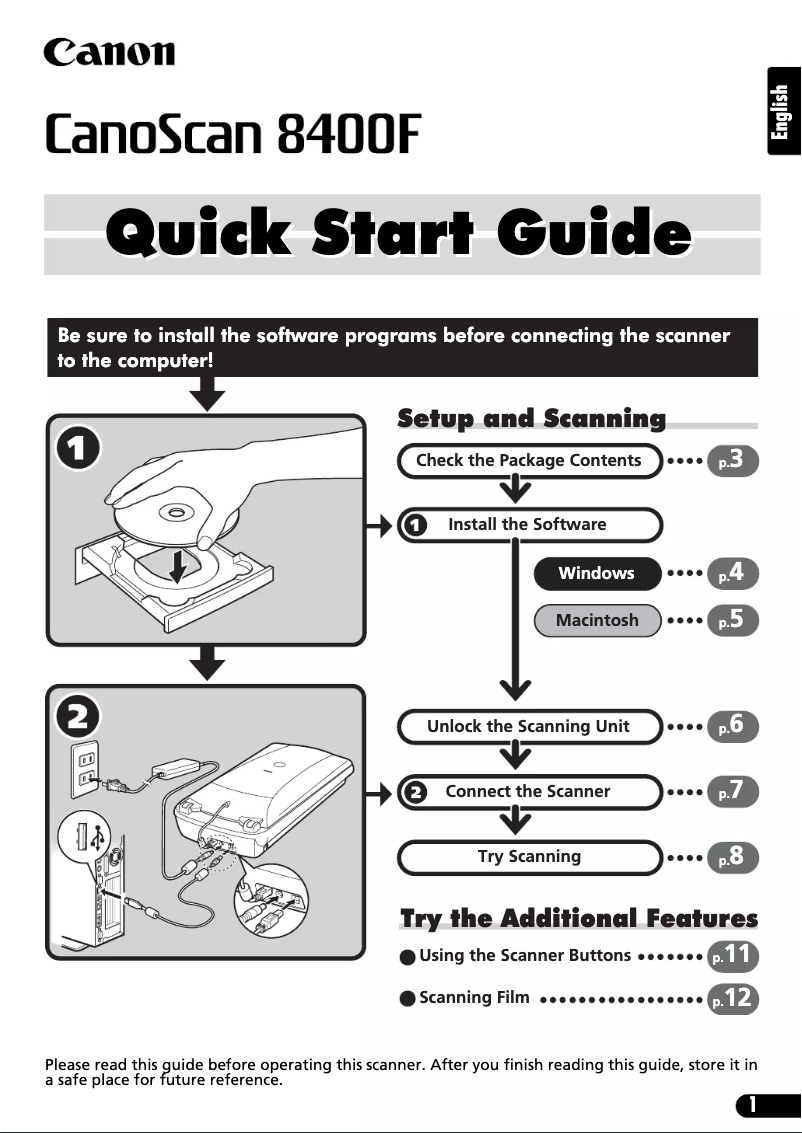 Image de la première page du manuel de l'appareil Canoscan 8400f