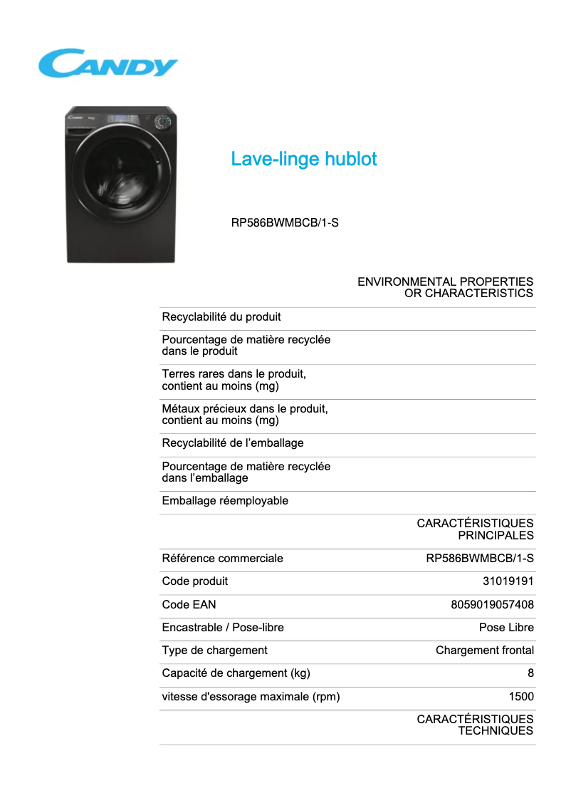 Page n°1 - Fiche technique Candy RP586BWMBCB/1-S