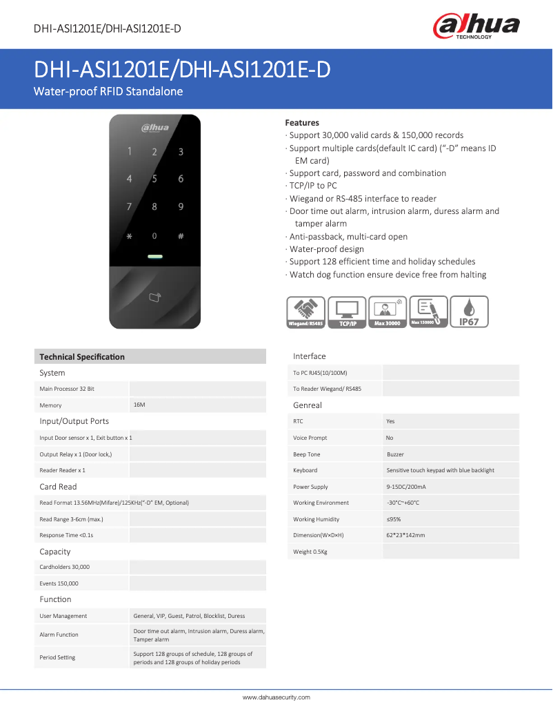 Page 1 de la notice Fiche technique Dahua Technology ASI1201E/ASI1201E-D