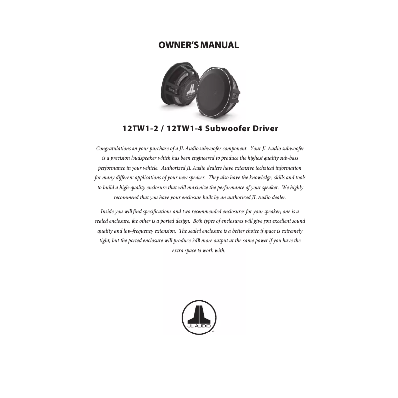 Page n°1 - Manuel utilisateur JL Audio TW1